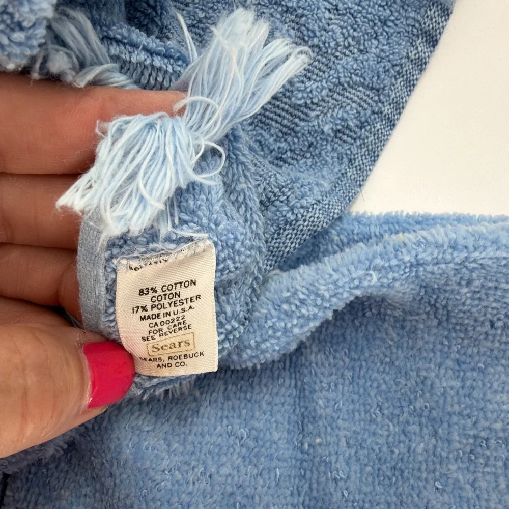 Vtg 70s Sears Yellow& Blue Fringe Bath Towel Retro MCM Damask Cotton 6 Pieces